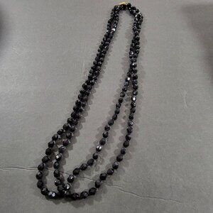 Vintage Black Glass Faceted Bead Necklace Long 58" Whinsigoth